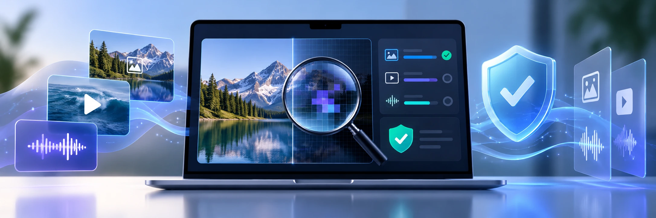 Illustration of AI media checking and content verification on a laptop