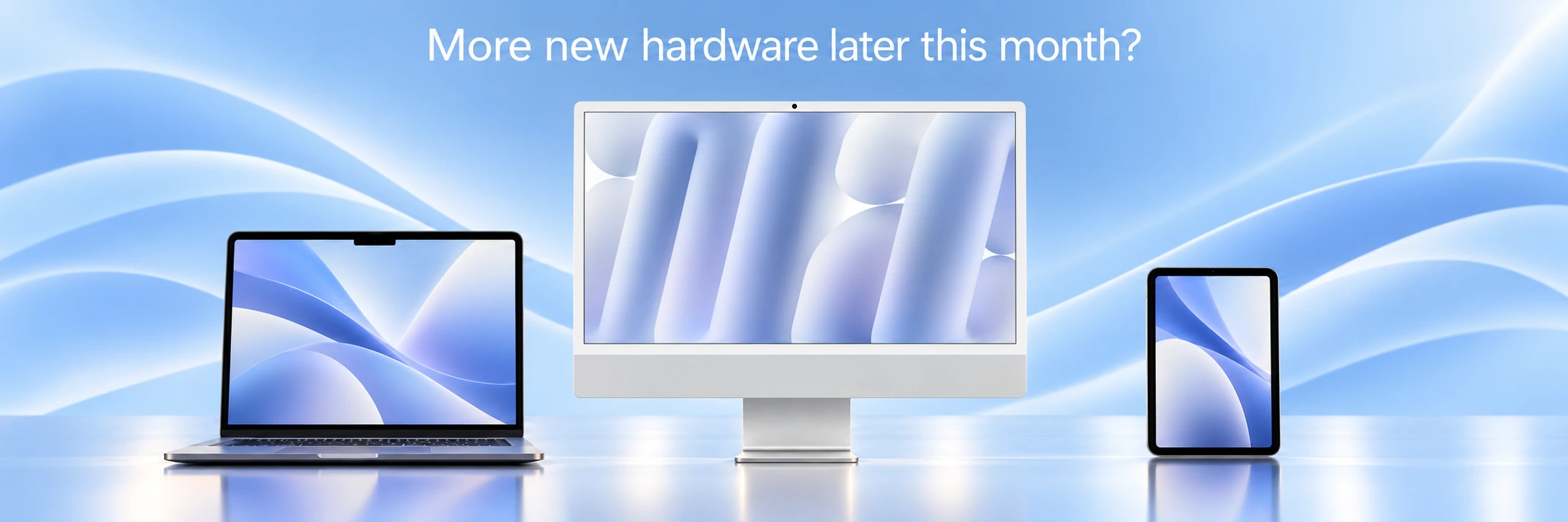 Illustration of a 24-inch iMac, MacBook Pro and iPad mini on a pale blue background